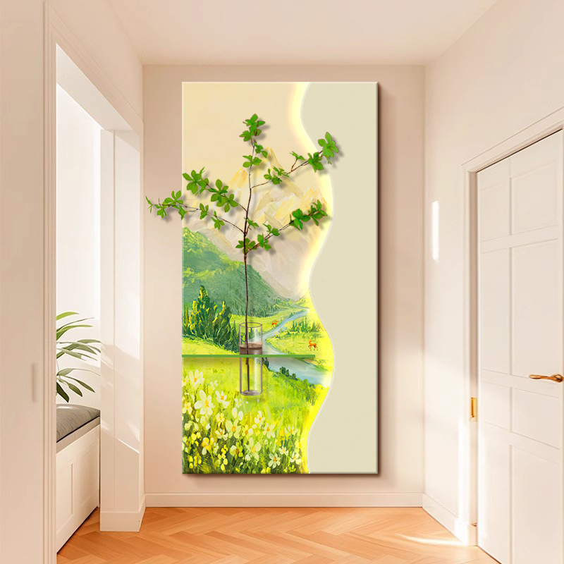 奶油风玄关装饰画高级感立体砂岩画水培绿植走廊过道led壁灯挂画|undefined
