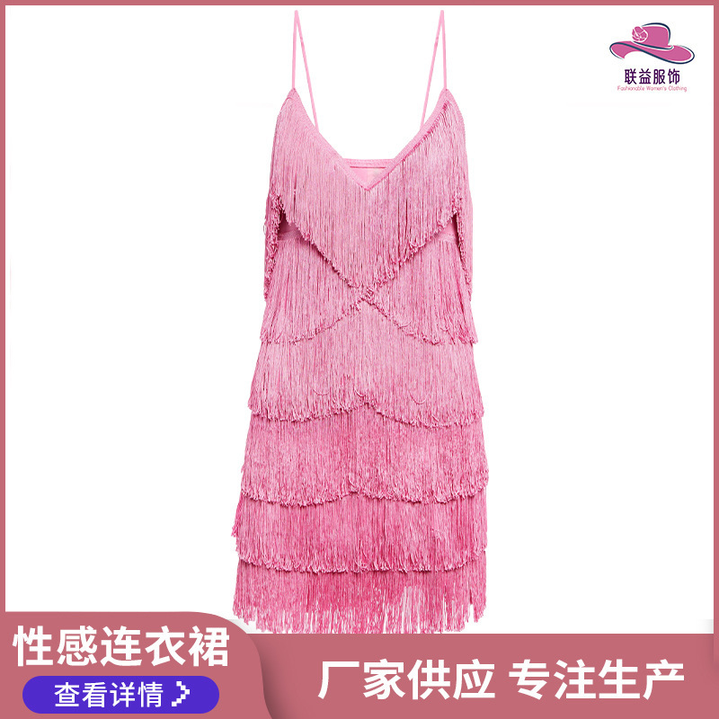 Low-Cut V-Neck Tassel Pink Dress with Straps, Foreign Trade Design, Niche Short Dress, Wholesale from Manufacturer, Elegant and Graceful