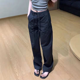 藏青色高级质感抗皱藏肉阔腿裤女2025秋季新款收腹显腿直遮跨长裤