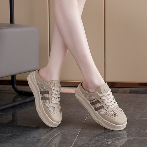 Half-slip white shoes for women, flat-soled outer wear, summer 2026 new casual mesh maternity toe slippers for women 5908-1
