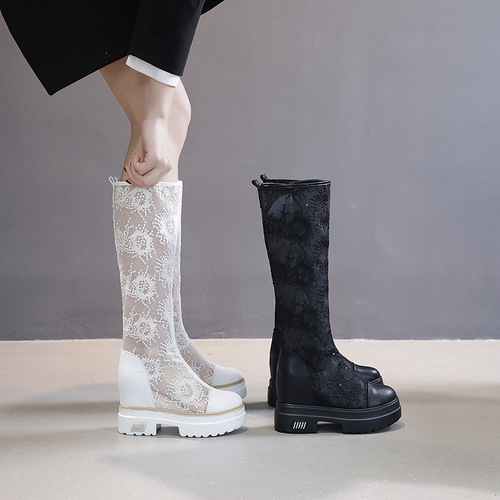 White embroidered mesh boots  spring and summer new style inner heightening thin over-the-knee boots mesh breathable versatile women's boots