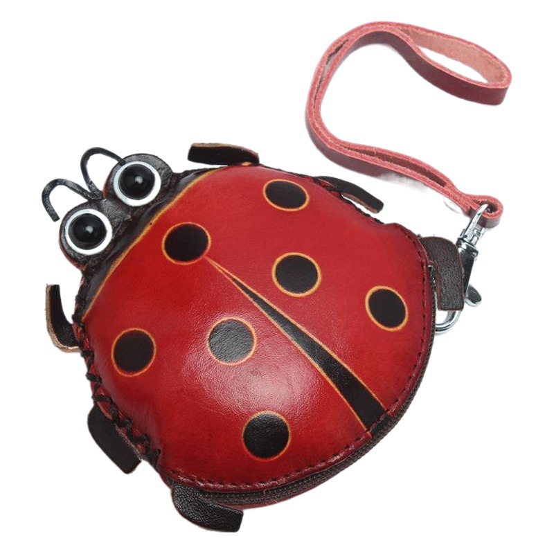 Cuero genuino hecho a mano de cuero curtido vegetal animal monedero moda Linda moneda bolsa de embrague bolso de las mujeres dibujos animados mariquita titular de la tarjeta