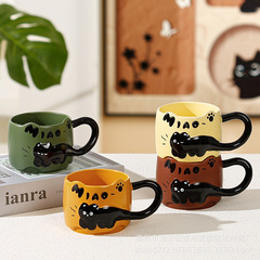 レリーフ小黒猫マグカップ高颜値クリエイティブスタックカップかわいい陶磁器カップコーヒー牛乳朝食カップ釉薬