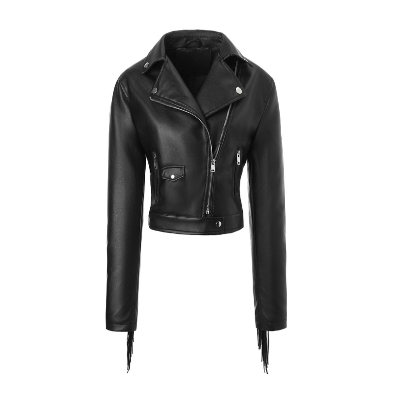 Cross-Border Foreign Trade Women's Pu Tassel Leather Jacket with Lapel Collar, Autumn and Winter Motorcycle Tassel Coat Women's Jacket