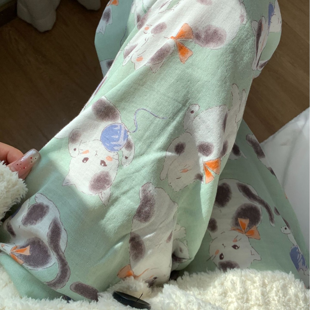 (2개) 새로운  밀크그린캣 코튼 더블레이어 원사 느슨하고 편안한 귀여운 장난기 가득한 여성용 홈바지 외부 착용 가능