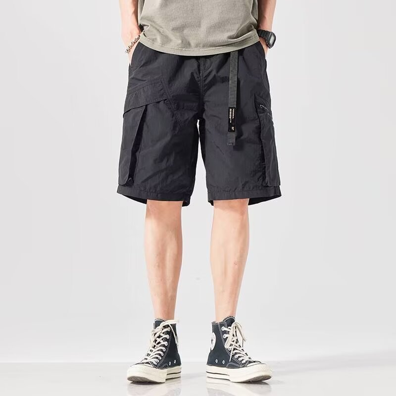 Japanese-Style Cargo Shorts for Men, Trendy Ins Brand, Summer American Outdoor Multi-Pocket Straight-Leg Ice Silk Quick-Dry Knee-Length Shorts
