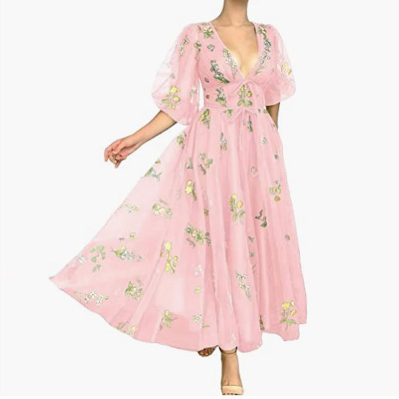 Comercio exterior europeo y americano Amazon AliExpress deseo estación independiente verde bordado encaje de media longitud vestido de bola profundo cuello en V