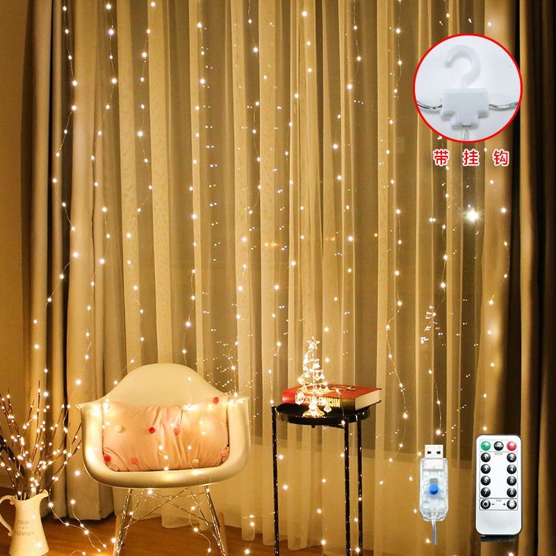 Transfronterizo LED cable de cobre lámpara de cortina con gancho 3 * 3m USB lámpara de cortina de control remoto de Navidad decoración de luces de color