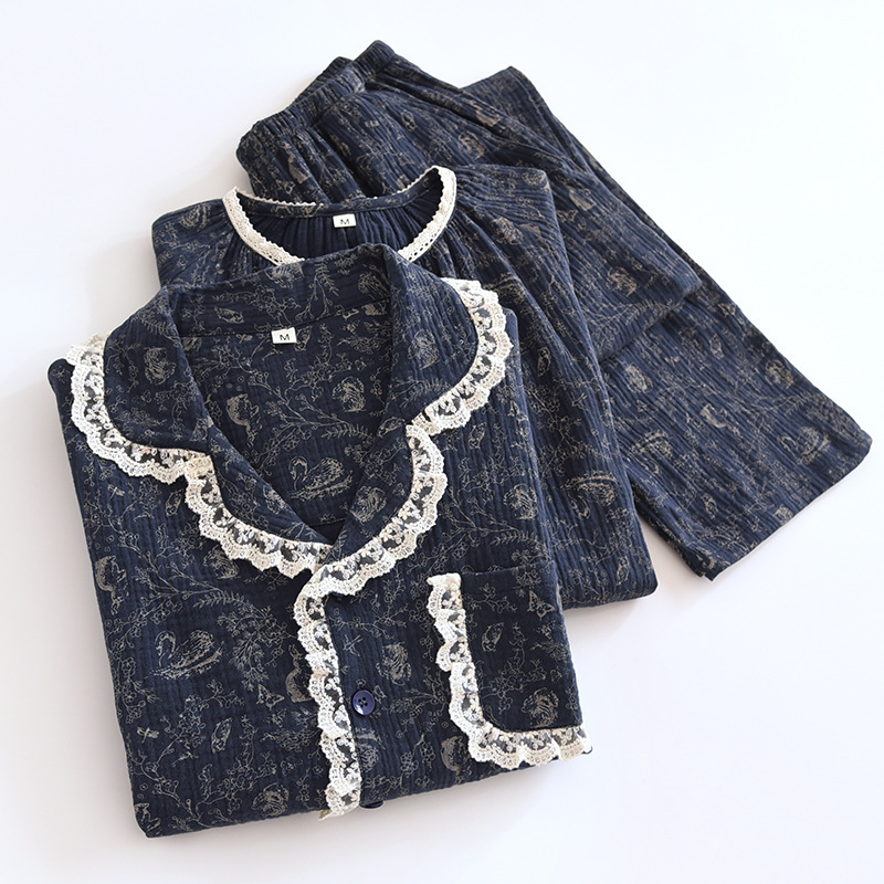 All-Cotton Double-Layer Gauze Pajamas for Women, Spring and Summer, Elegant and Understated Crepe Long-Sleeve Long-Pants Plus-Size Set, Suitable for Outerwear