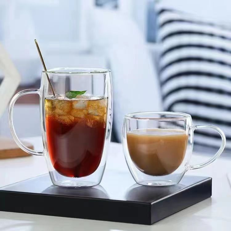 Taza de café de vidrio transparente de doble capa con asa, taza aislante para jugo y leche, taza de agua de doble capa de borosilicato alto, venta al por mayor en stock