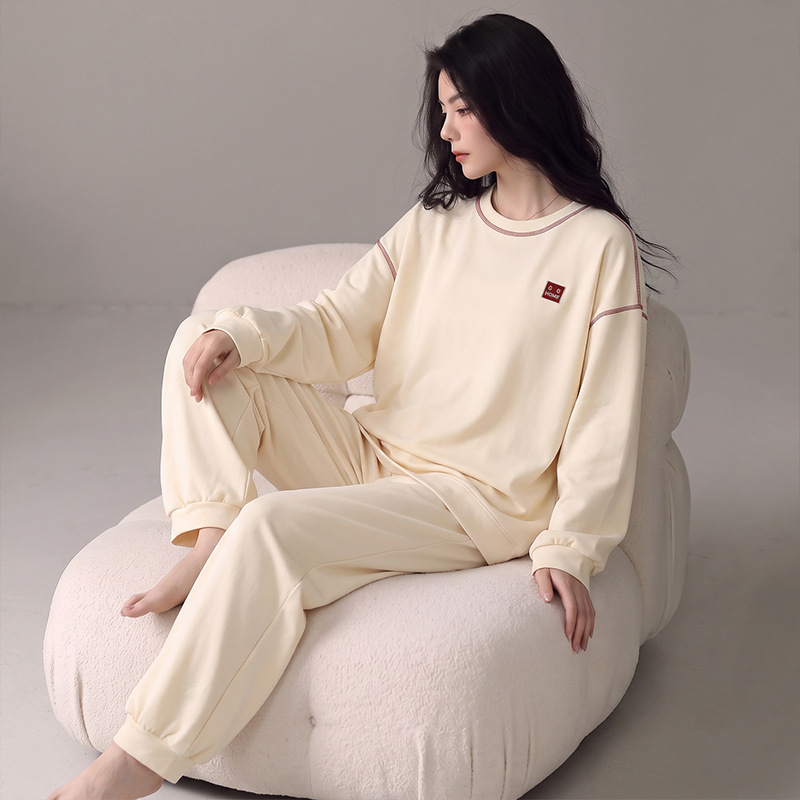 Class A 100% cotton pajamas for women, autumn and winter long-sleeved jogger pants, simple casual all-cotton home wear women's set