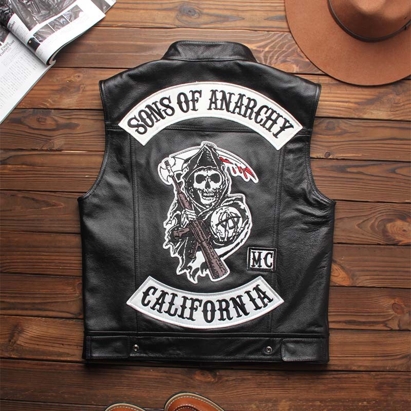 Son of Chaos Cowhide Waistcoat Collar Slim-fit Men's Vest Multi-logo Embroidered Club Harley Rider Vest