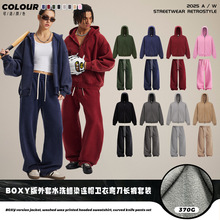 链潮男装|源头直销BOXY版拉链加绒卫衣裤男复古做旧连帽卫衣套装