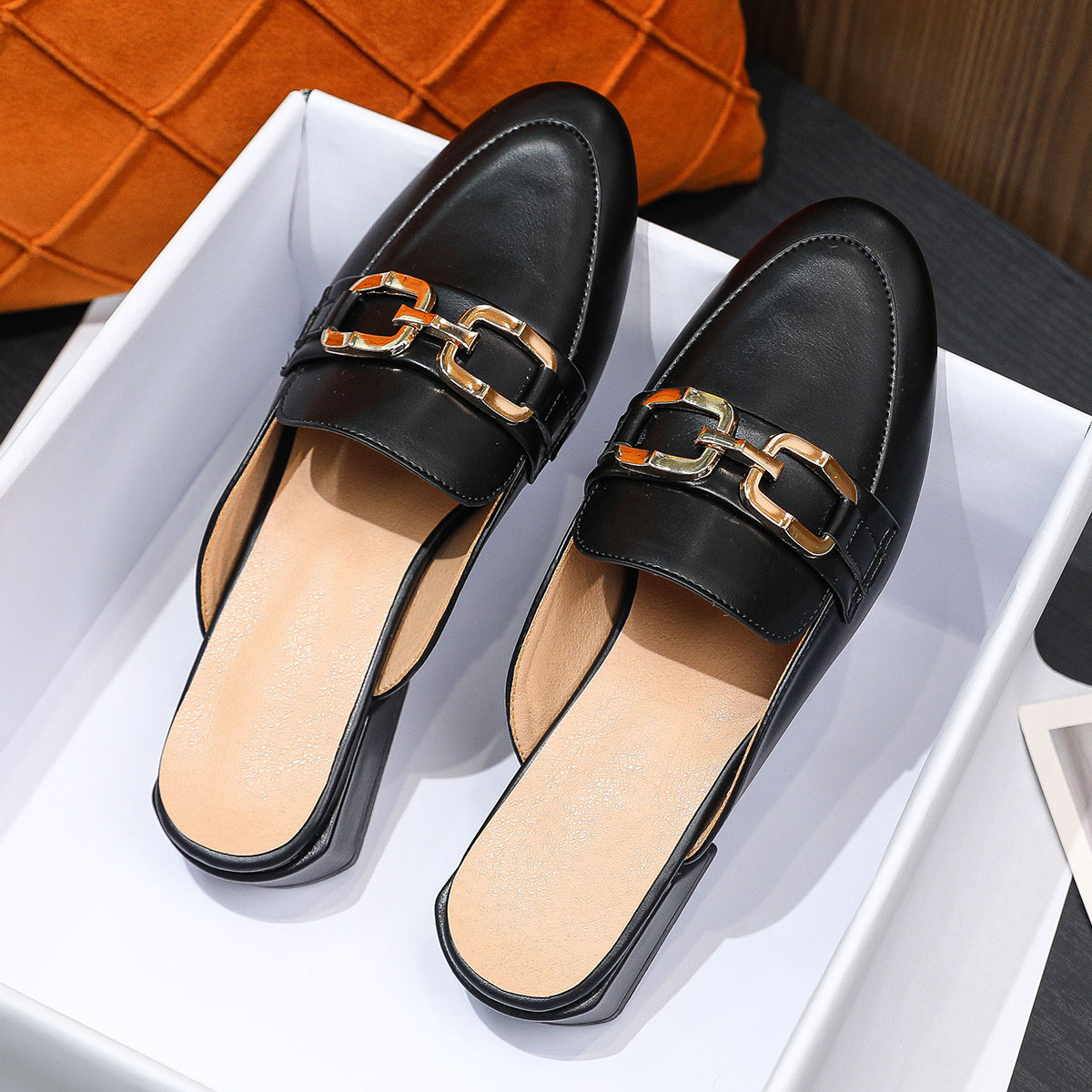 Spot One Pedal Baotou Einzelschuhe All Match Chunky Heel Lazy Soft Leather Half Slipper Frühling und Sommer New Bottom_voghion.com