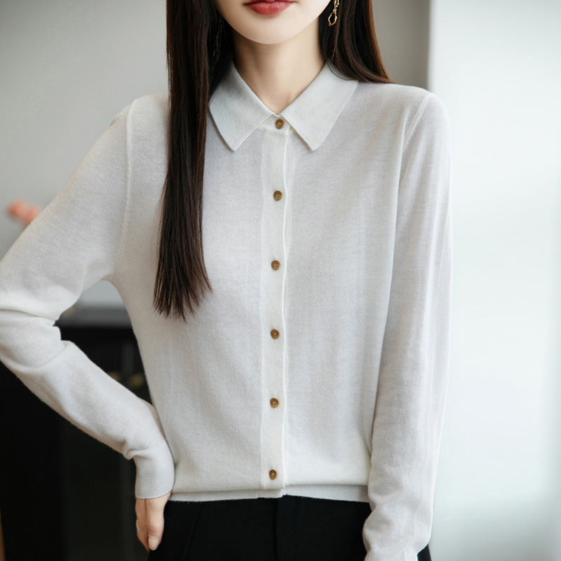 POLO领精纺羊毛针织开衫女秋冬新款衬衣领叠穿翻领打底衫上衣批发|undefined