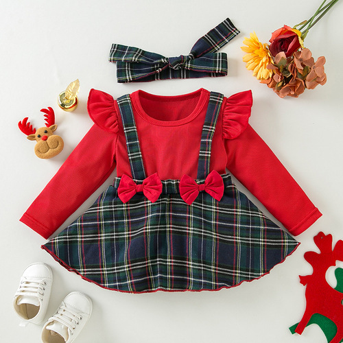 Newborn Baby Christmas Clothes, Infant Bodysuit with Padded Bottom, Long Sleeve Two-Piece with Bowknot, Plaid Dress