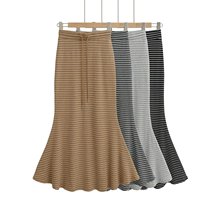 新百搭性感修身鱼尾女中长款半身裙条纹气质高腰撞色包臀绑带韩国