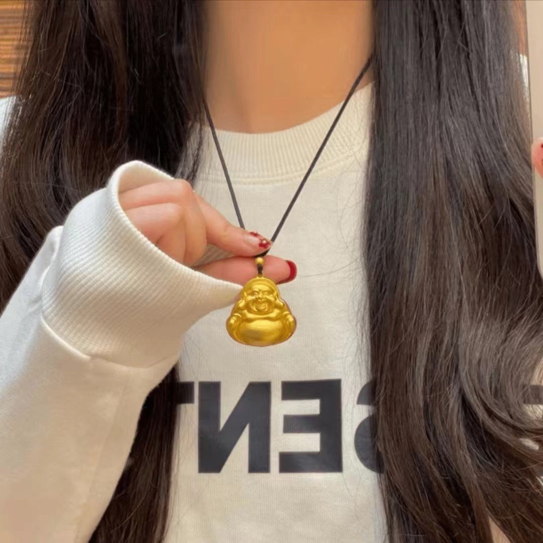 베트남 SHAJIN MAITREYA BUDDHA 펜던트 남성과 여성의 금 고대 방법 유산 오래 지속되는 BIG BELLY BUDDHA SOLID BLACK ROPE 목걸이
