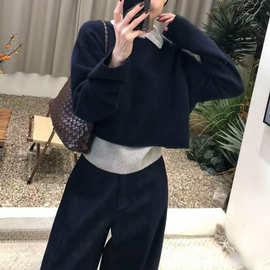 韩系叠穿 秋冬慵懒感撞色减龄POLO领2025短款长袖背心两件套毛衣