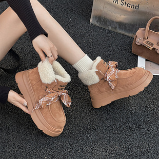 Genuine Leather Snow Boots Women's 2024 New Winter fleece-lined Thickened Large Cotton Shoes Platform Bread Shoes Wool Short Boots