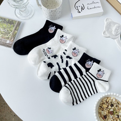 Summer and Autumn College Women's Crew Socks Cotton Socks Cartoon Black and White Cow Socks Boat Socks Summer Thin Style Low Mouth Socks