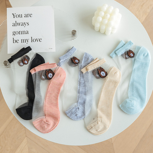 Women's Socks with Small Bear Glass Fiber, Cartoon Bear Head Crystal Fiber Boat Socks, Transparent Invisible High Volume Cute Sheer Socks