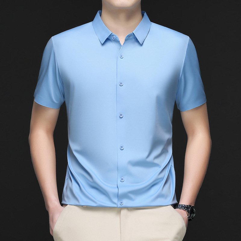 Summer new solid color seamless short sleeve shirt stretch silky youth men's thin slim half sleeve shirt men's
