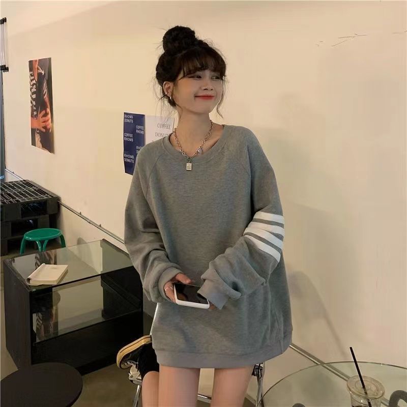 Fat Plus Size Thin Striped Long-Sleeved Couple Sweatshirt Women's Four-Stripes Korean Style Loose Style Student Top
