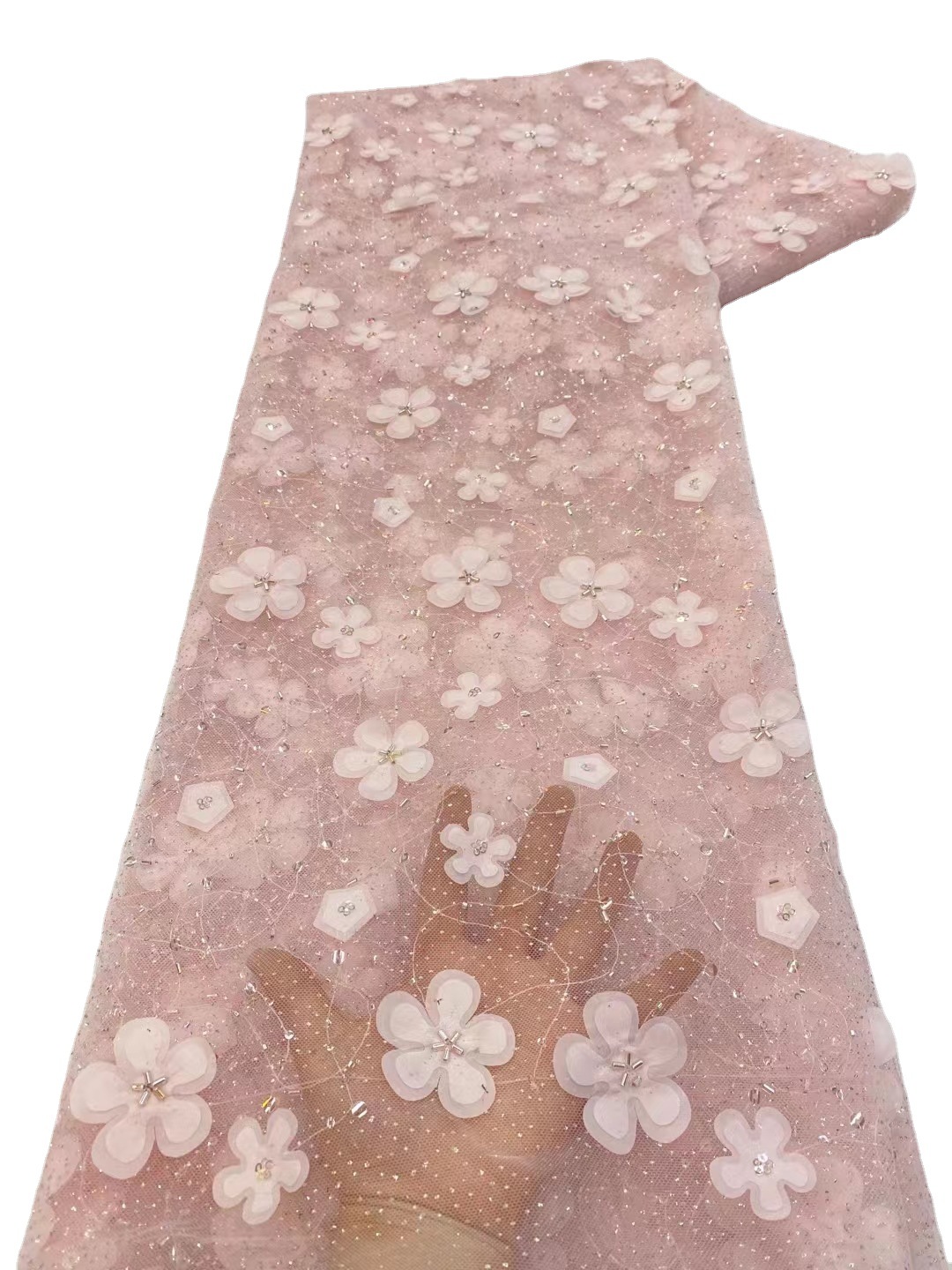Tela de encaje de flores tridimensional con cuentas ropa infantil fresca vestido de hadas tela de encaje bordado JX3429