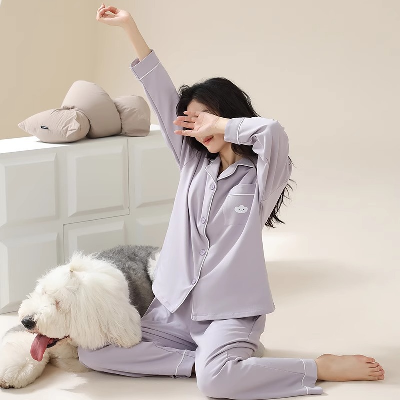 봄과 가을 긴팔 파자마 여성용 카디건 바지 순면 고급 단색 플러스 사이즈 겨울 세트 여성용 홈 옷