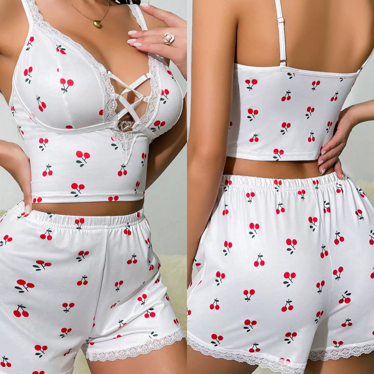 欧美跨境外贸女V领睡衣吊带短裤2件套性感花边印花舒适家居服套装