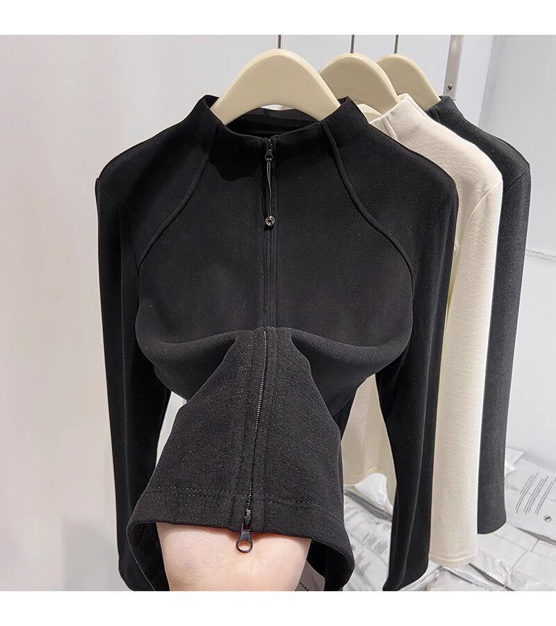 Áo khoác cardigan nữ dáng ôm cổ lọ nửa, khóa kéo đôi, tay dài, chất nhung Đức dày — màu xám đậm, màu đen, quả mơ chi tiết 11