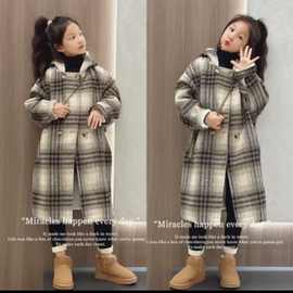 女童格子呢大衣2025秋冬款中大童夹棉加厚长款保暖外套儿童上衣