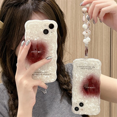 INS酒紅暈染愛心貝殼紋iPhone15手鍊13ProMax手機殼適用蘋果12/11