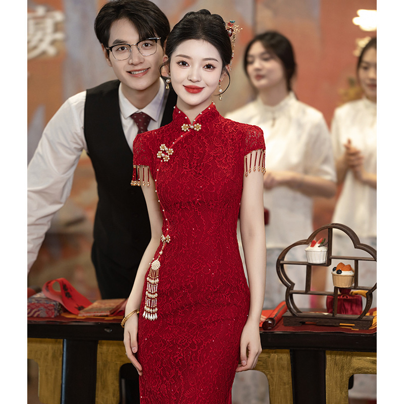 Red Toasting Dress Bride Cheongsam Small Engagement Dress dress Chinese Wedding Lace Women's Back Door Summer