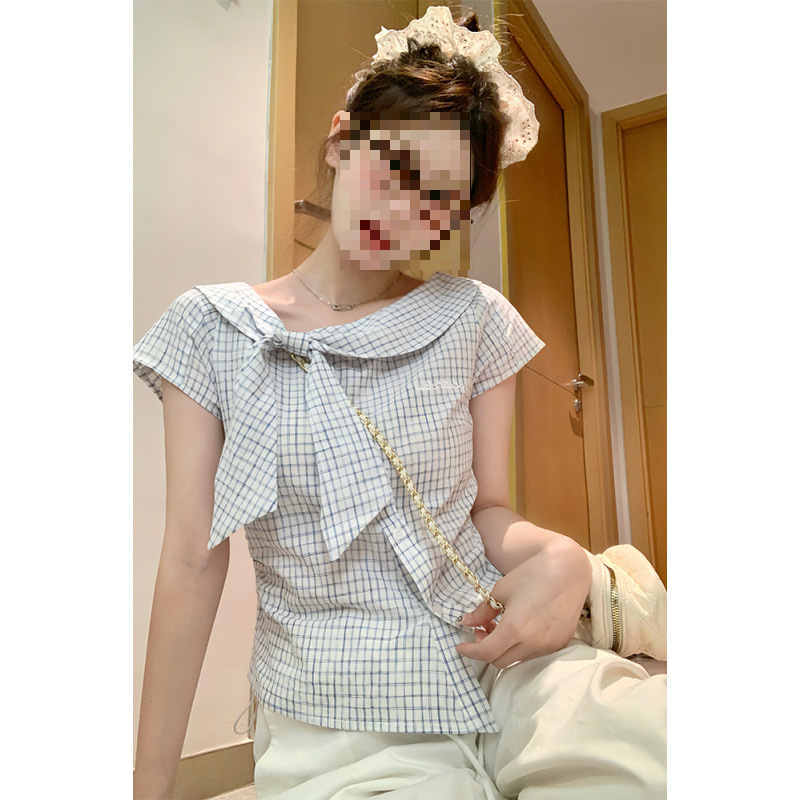 Sweet and Cute Style Diagonal Placket Lace-Up Short-Sleeved Shirt for Women 2025 Summer New Slim Fit Versatile Top