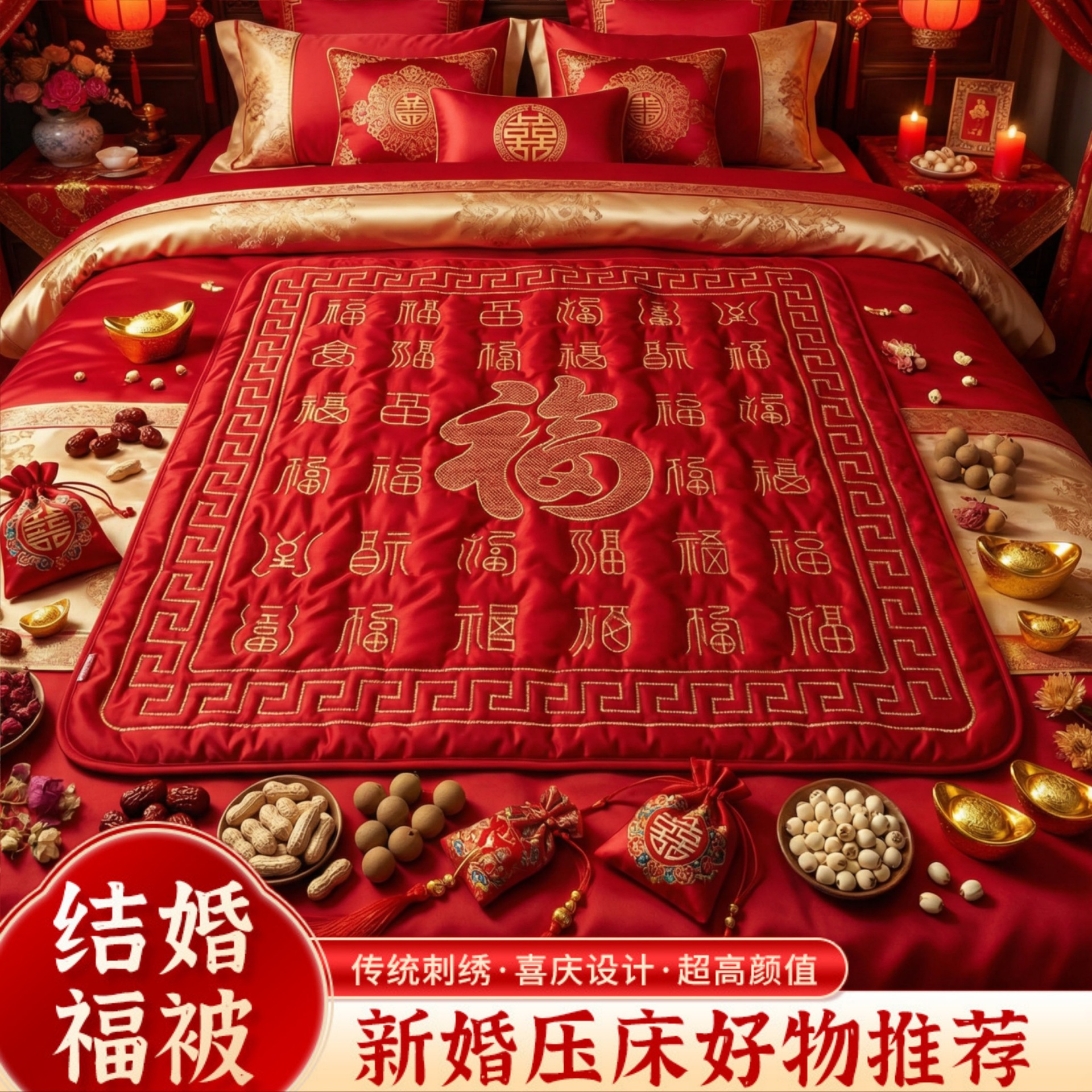 结婚新娘坐福垫女方出嫁福垫百福坐垫陪嫁用品新娘压床百福垫福被