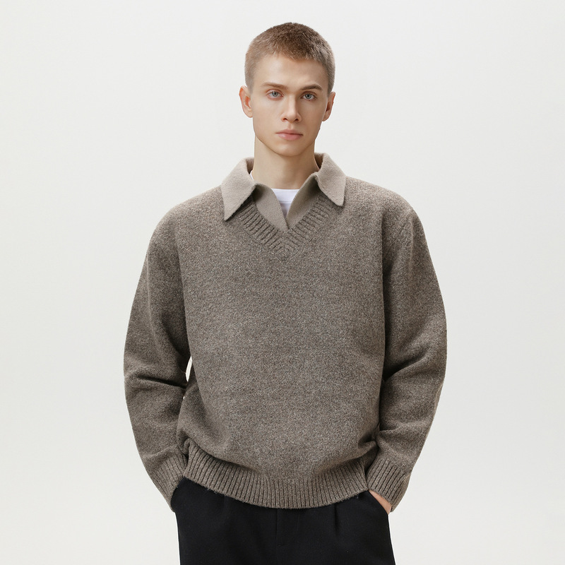 Retro Old Money Fake Two-Piece Lapel Knitwear Men's Autumn and Winter High-End Polo Collar Knitwear Warm Thickeneded Jacket