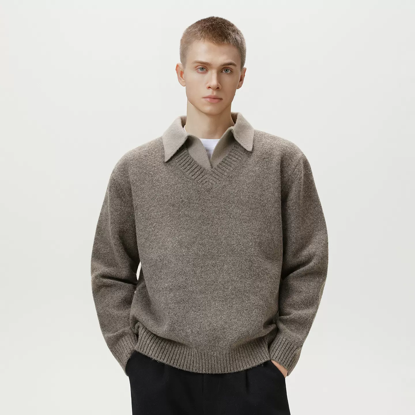 复古老钱假两件翻领毛衣男秋冬款高级感Polo领针织衫保暖加厚外套