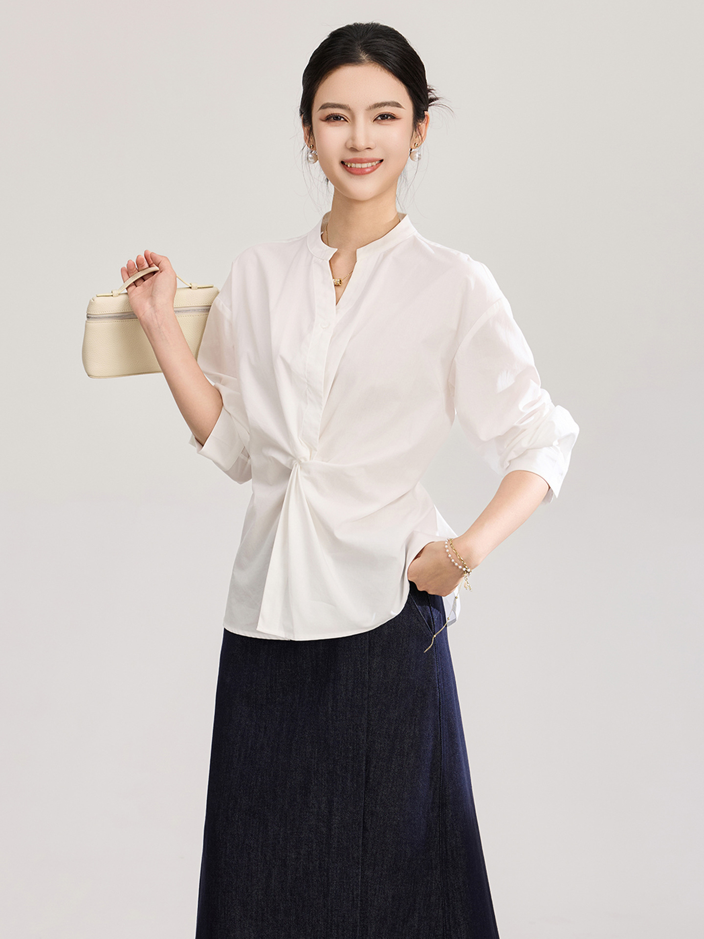 Áo sơ mi nữ dài tay chất lụa tencel phối xoắn thanh lịch — xanh lam