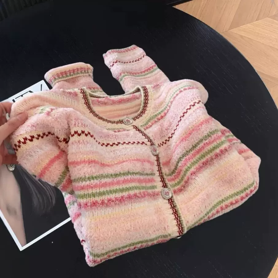 大朗毛衣定制小香风甜美条纹针织毛衣开衫女秋冬慵懒软糯外套上衣