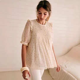 2021年春夏款 法式甜美风圆领波点印花褶皱泡泡袖衬衫女17100特价