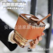 ins高级矮款竹节吸管玻璃杯小号琥珀竹节杯高颜值果汁咖啡双饮杯
