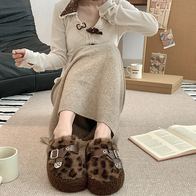 Autumn and Winter New Fashion Leopard Print Thickened Belt Buckle Closed-Toe Warm Home Slip-On Plush Cotton Slippers for Women