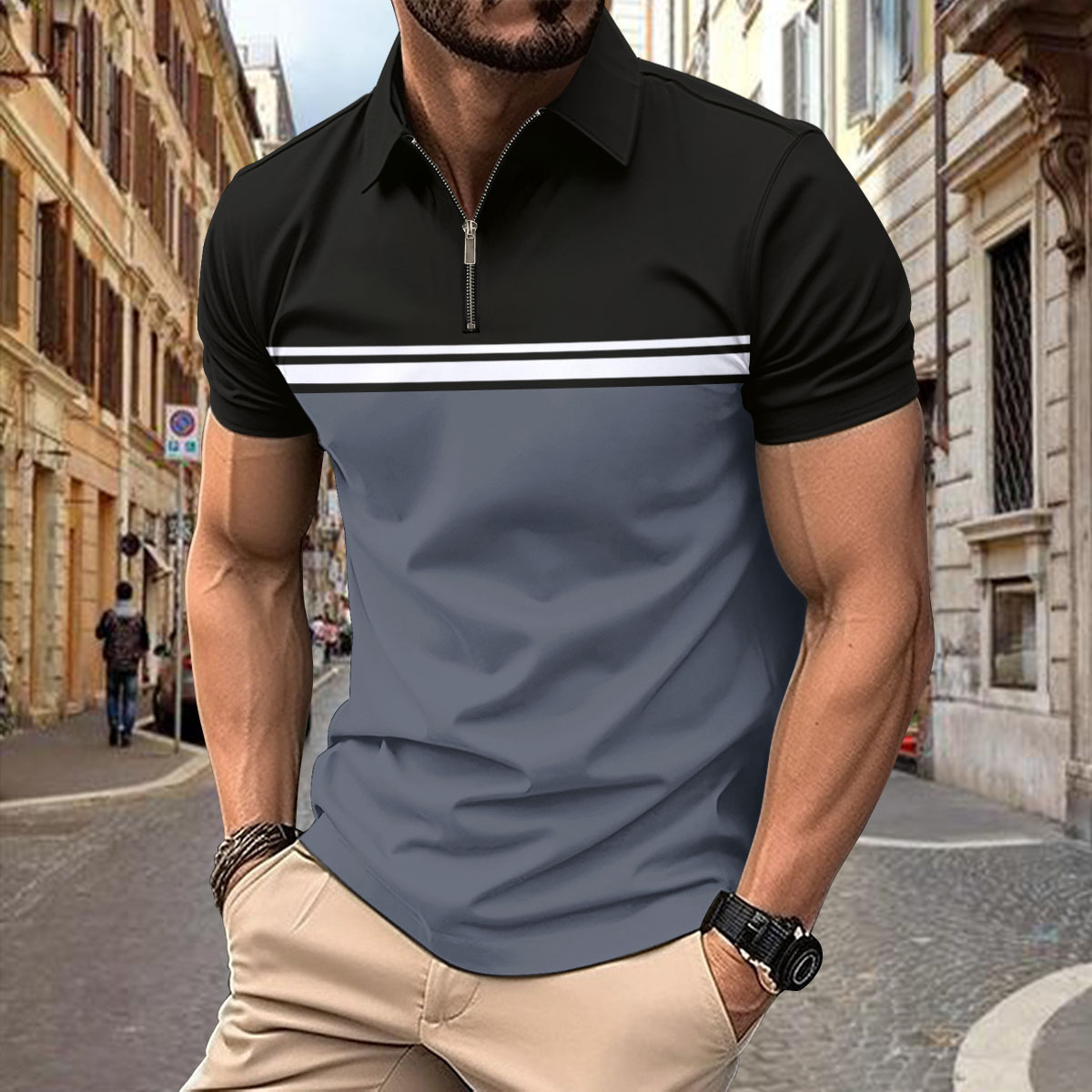 Sommer Neues Herren Kurzarm Fashion Kontrastfarbe Reißverschluss Poloshirt_voghion.com