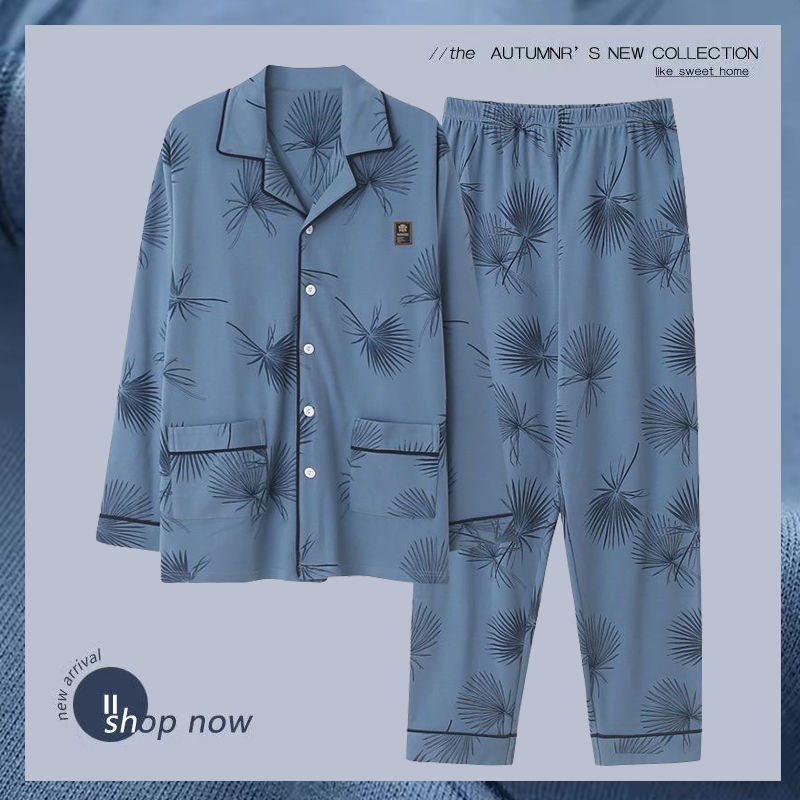 Pijamas de algodón para hombres primavera y otoño nuevos pantalones de manga larga primavera y otoño para hombres pijamas de tamaño grande set de ropa de casa para salir
