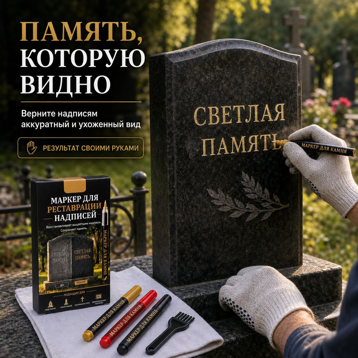 Tombstone engraving touch-up paint pen set includes brush and cloth for repairing and re-coloring faded fonts on granite stone