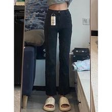 春秋新款黑色高腰显瘦弹力加绒直筒九分牛仔裤女加厚毛边烟管裤子