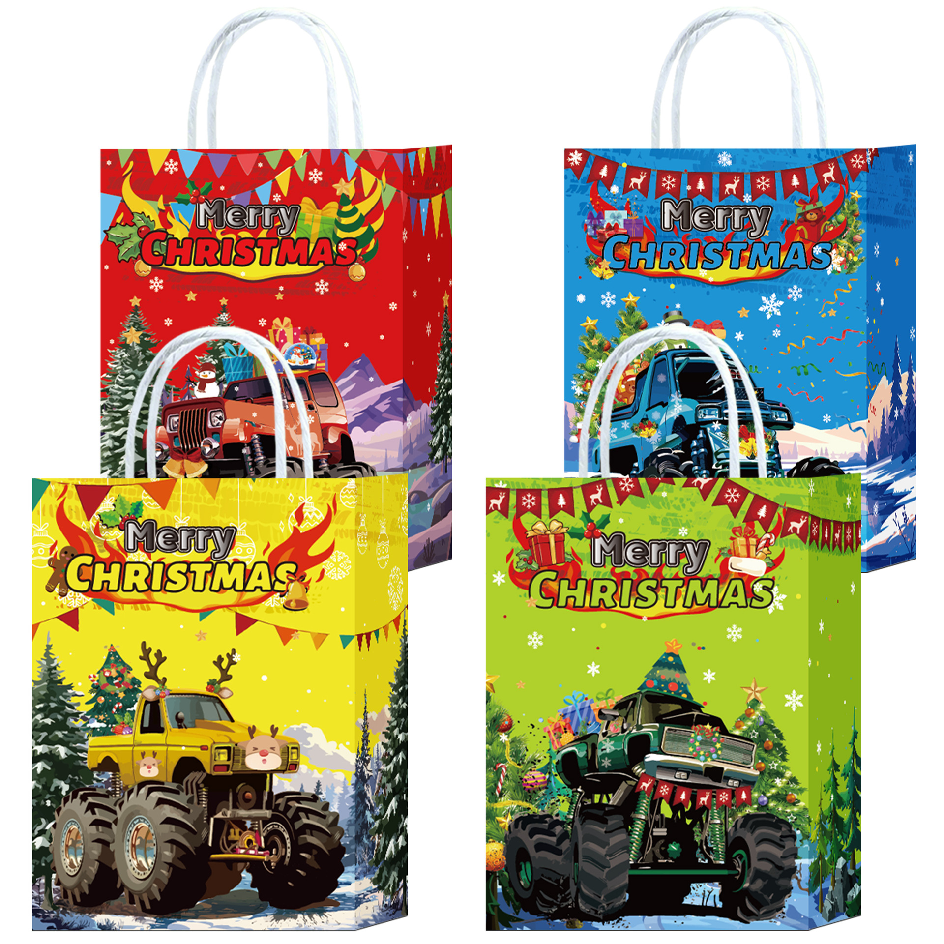 亚马款圣诞节卡车白牛手提礼品纸袋礼品包装服装首饰购物手提纸袋
