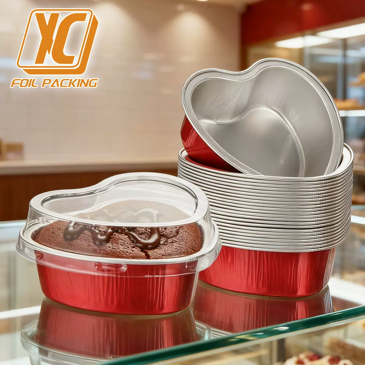 100mL彩色心形耐烤杯铝箔布丁杯铝箔容器慕斯心形哈根达斯杯 带盖